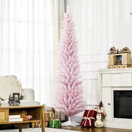 This skinny pink Christmas tree is great for apartments. 