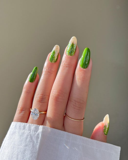 Evergreen tree nail art that match the cabincore aesthetic.