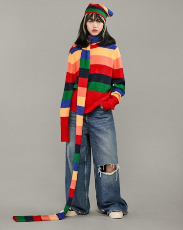 Cozy milky white faux fur Pants with LV inspired multi-color
