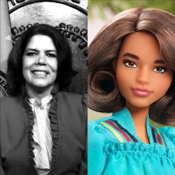Wilma Mankiller beside a Barbie designed in her likeness.