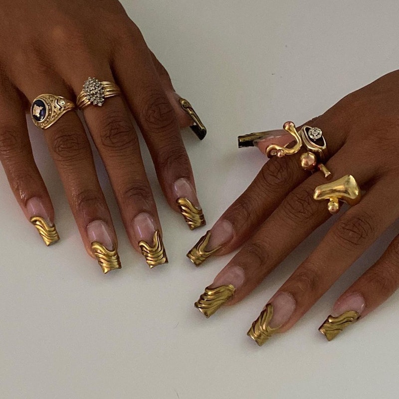 nail inspo long acrylics gold gems｜TikTok Search