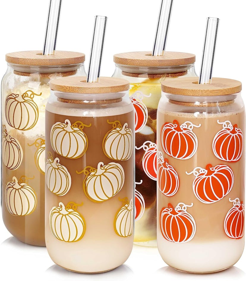 ANOTION 18-Ounce Fall Glass Cups with Lids & Straws