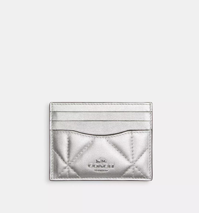 Slim Id Card Case In Silver Metallic With Puffy Diamond Quilting