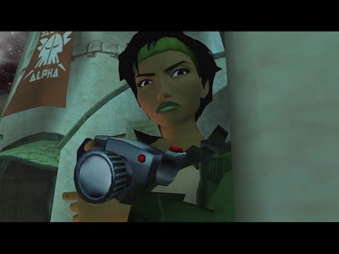 Screenshot of Beyond Good & Evil's Jade holding a camera