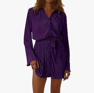 LYANER Long Sleeve Mini Shirt Dress with Belt