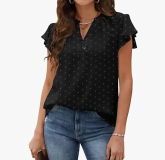 Zeagoo Ruffled Short Sleeve Swiss Dot Top