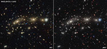 Two side by side images show the same space scene, but with slightly different details. They both sh...