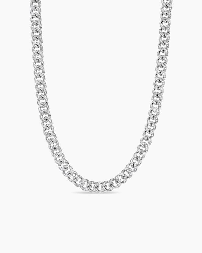 Curb Chain Necklace Sterling Silver with Diamonds, 7mm