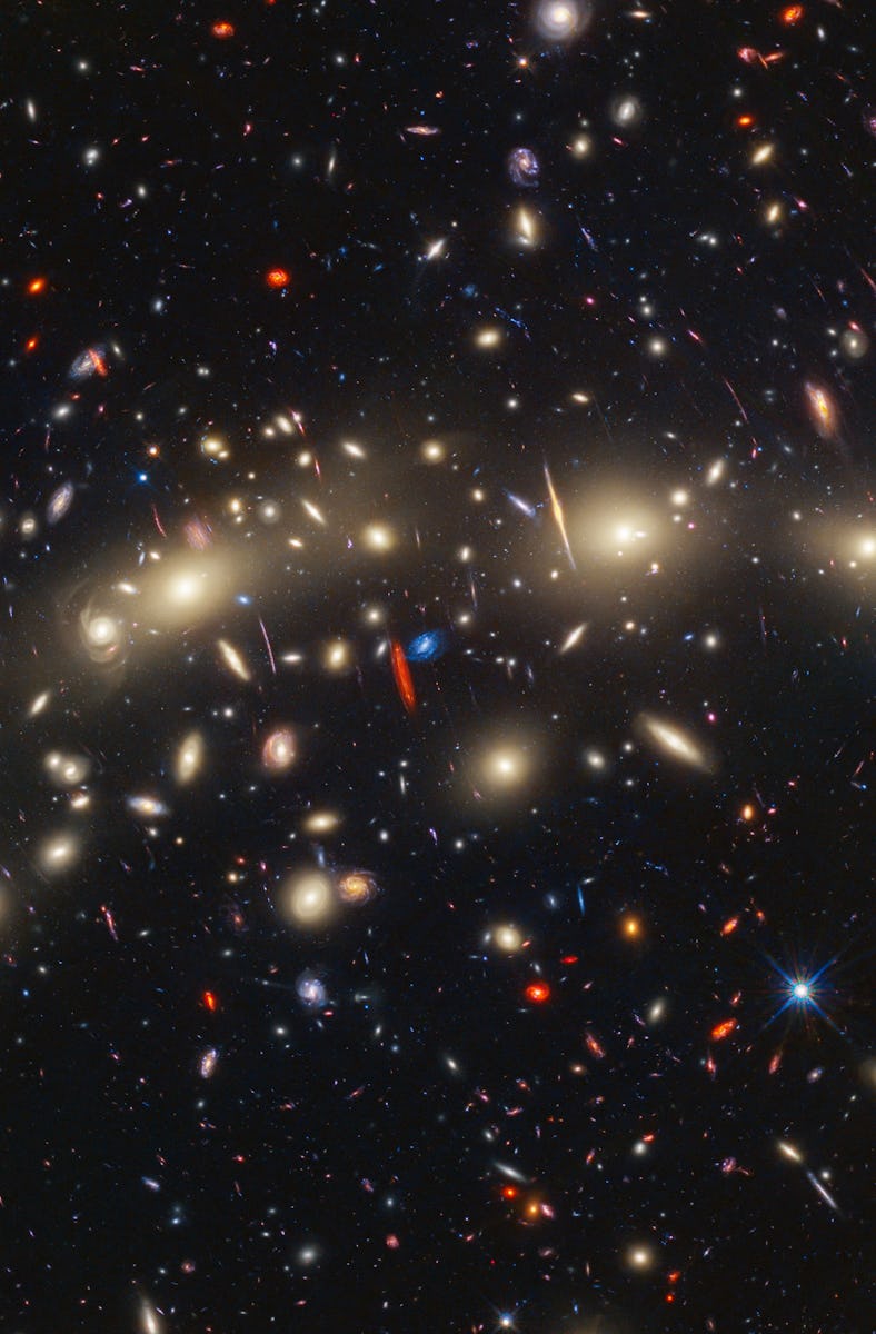 A field of galaxies on the black background of space. In the middle is a collection of dozens of yel...