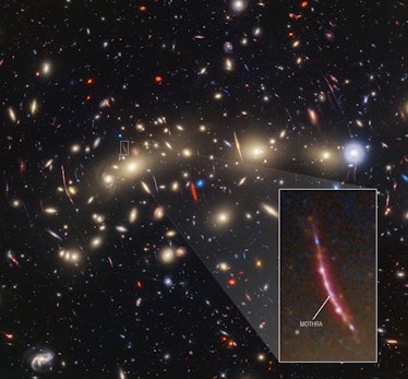 Galaxies appear like glowing orbs scattered across the night sky, and about three dozen are packed t...
