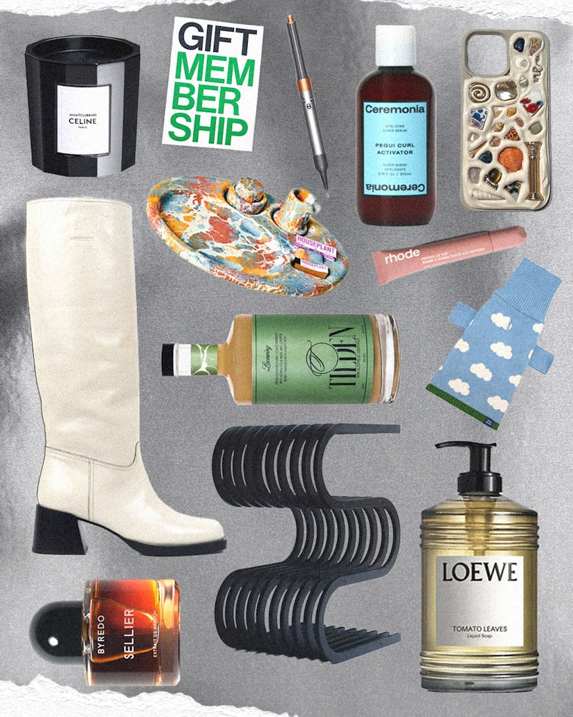 A collage of various gift items, including accessories, candles, soaps, boots, beauty tools and deco...