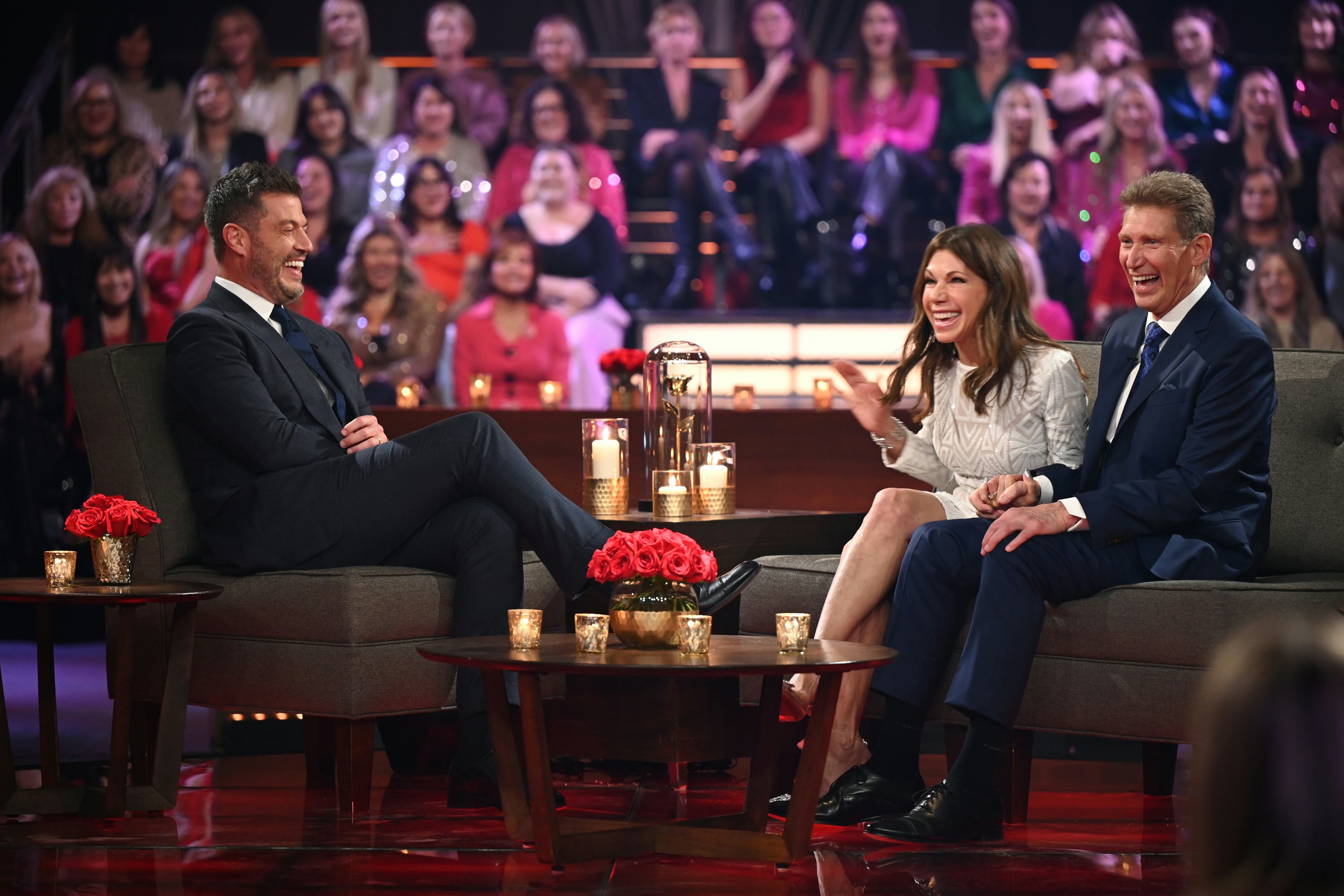 Jesse Palmer with The Golden Bachelor&rsquo;s engaged couple Theresa Nist and Gerry Turner.