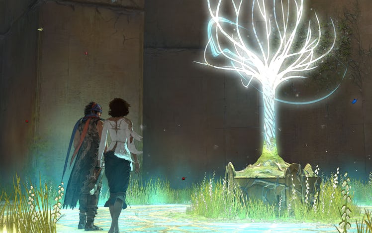 Prince of Persia (2008), protagonsit and Elika in front of light tree