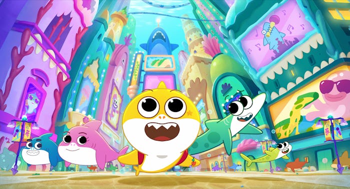 Daddy Shark, Mommy Shark, Baby Shark, Leah and Lannie in Baby Shark’s Big Movie, streaming on Paramo...