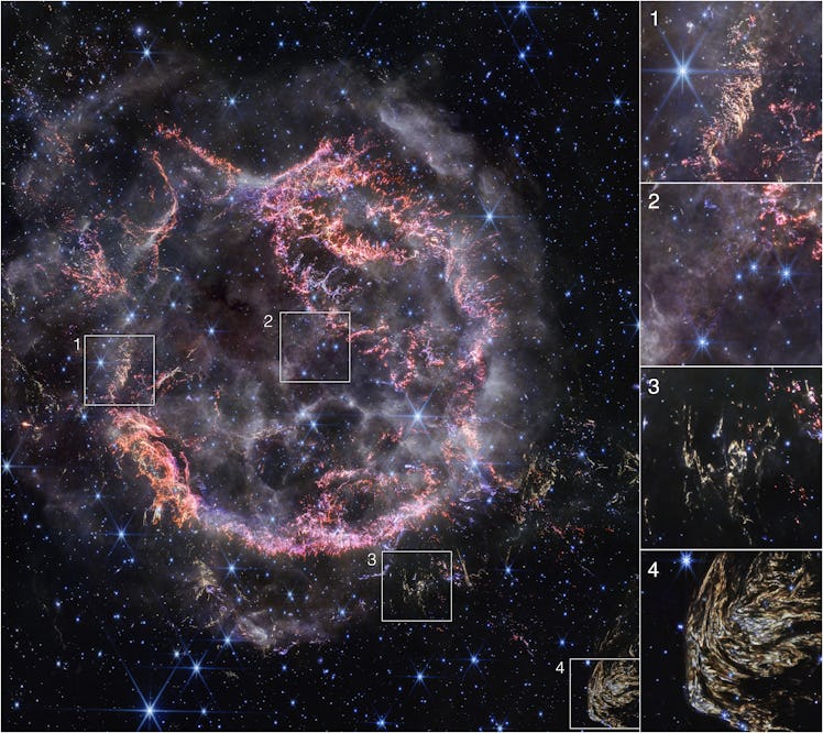 an image of a supernova remnant, with several key features highlighted in inset boxes.