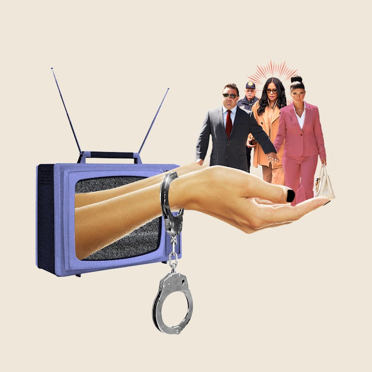 An illustration of a hand with handcuffs reaching out from a television towards four people in suits...