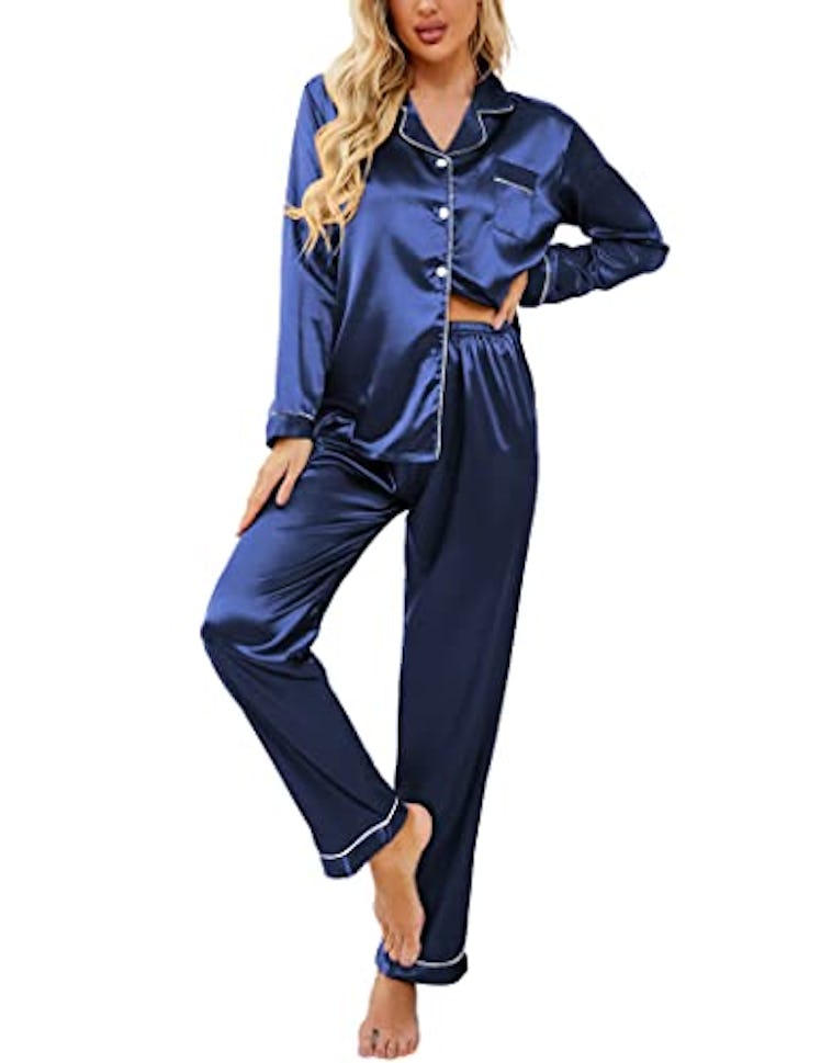 Ekouaer Womens Silk Pajama Set Notch Collar Silky Nightshirt Classic Long Satin Sleepwear Set(02 Nav...