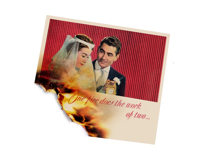 A vintage photo of a bride and groom is set on fire.