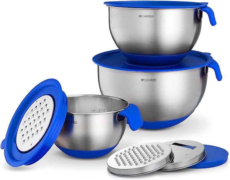 Mixing Bowls with Lids Set - Nesting Bowls with Graters, Handle, Pour Spout, Airtight Lids - Stainle...