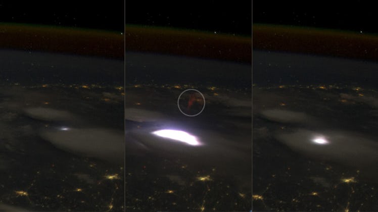 In a sequence of three images, the viewer looks at Earth down below. Above a great round flash of li...
