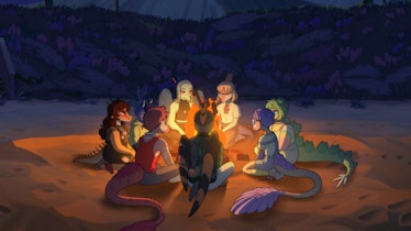 screenshot of characters around campfire in Goodbye Volcano High