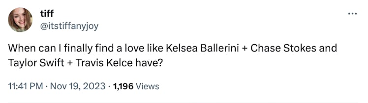 Tweet about Kelsea Ballerini and Chase Stokes and Taylor Swift and Travis Kelce