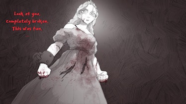 screenshot of princess with broken chain on arm in Slay the Princess