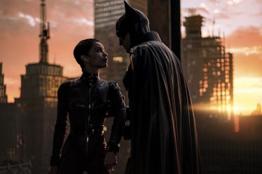 Selina Kyle/Catwoman (Zoë Kravitz) and Bruce Wayne/Batman (Robert Pattinson) in The Batman