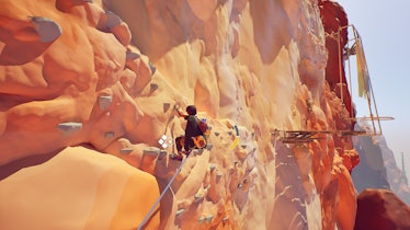 screenshot of character climbing mountain in Jusant
