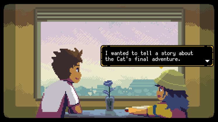 screenshot of characters talking at table in A Space for the Unbound