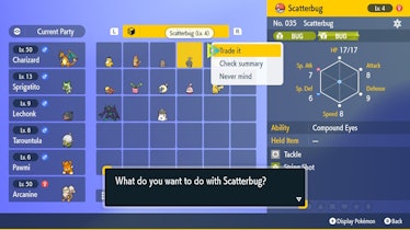 An image of the Trading Screen where you select a Pokemon, with the Scatterbug selected.