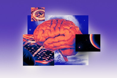A collage of a human brain with images of space, a keyboard, and a clock on a purple background, sym...