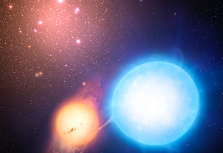 illustration of a large blue star stealing mass from a smaller orange star