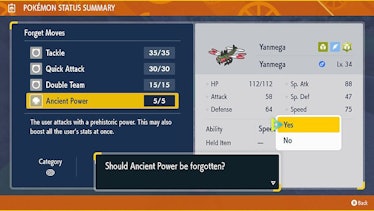 Yanmega Dex entry page, with UI showing how to remove Ancient Power