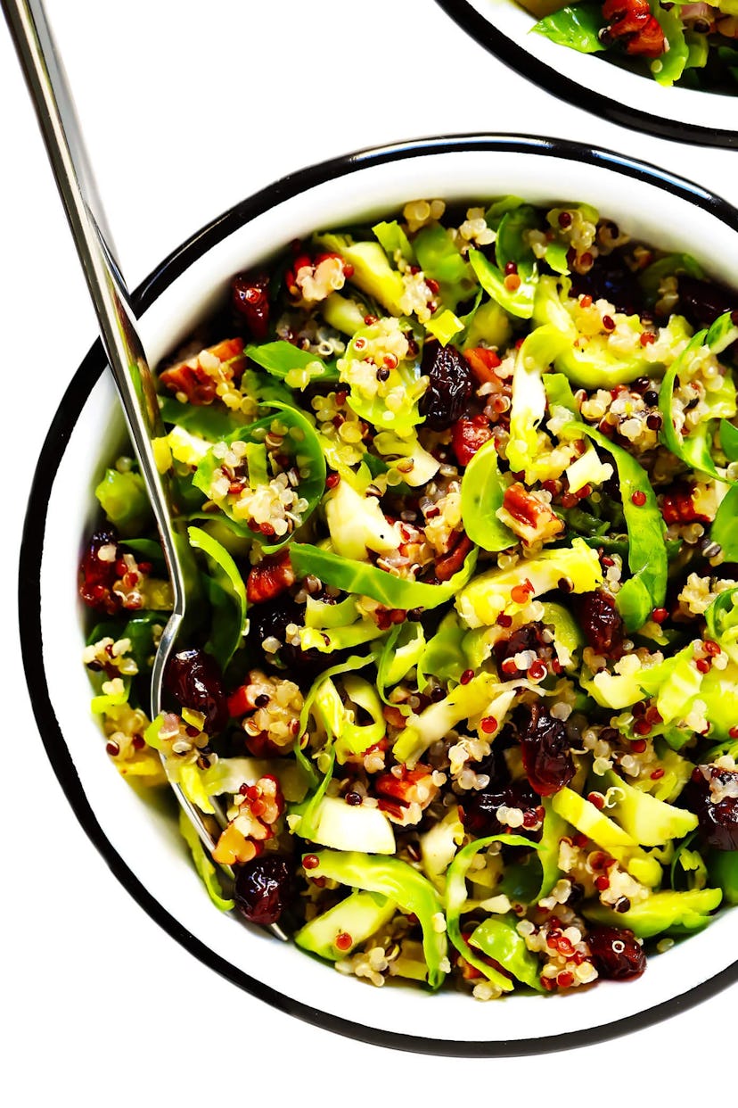 A make-ahead Christmas dinner side dish, brussels sprouts salad with cranberries and quinoa