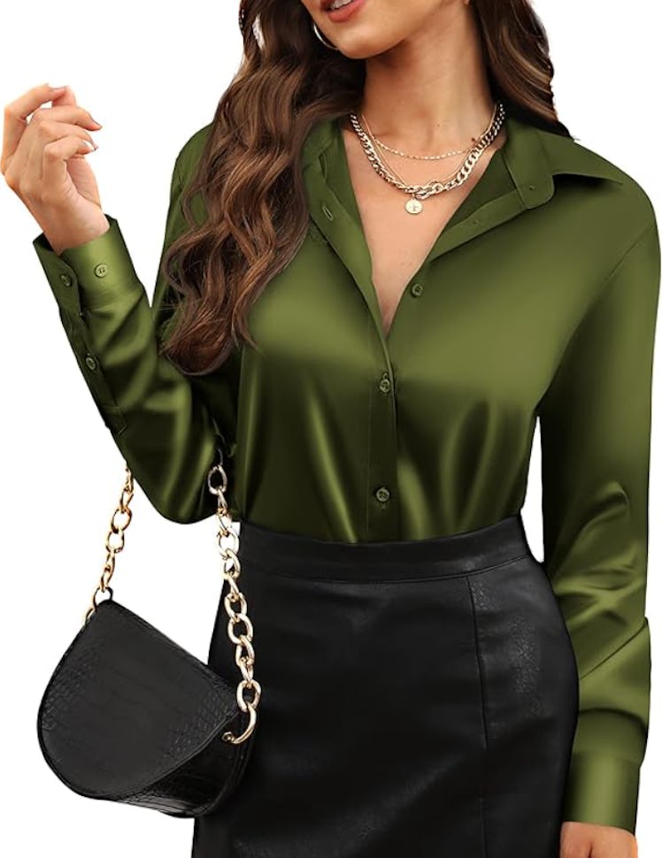 CUNLIN Satin Button Down Blouse