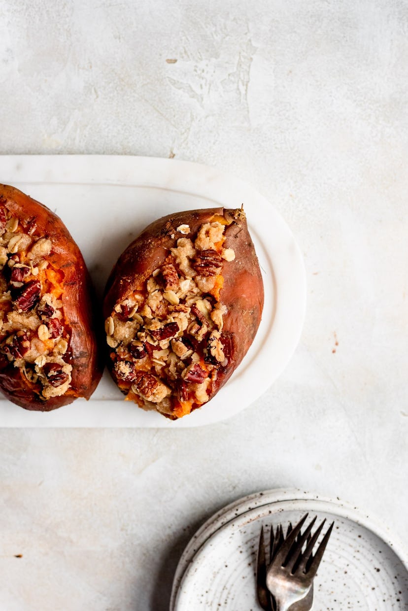 A make-ahead Christmas dinner side dish, twice-baked sweet potatoes topped with streusel.
