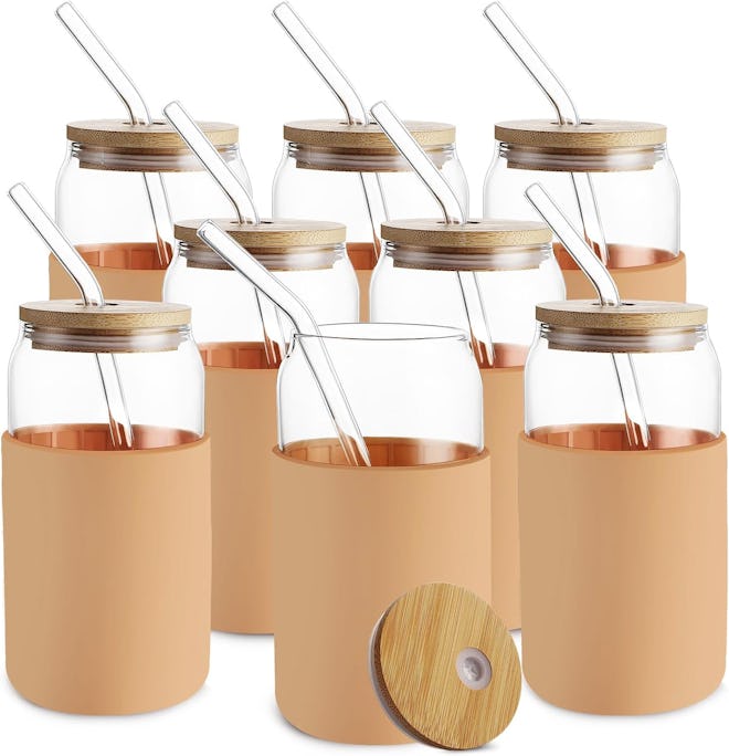 HOMBERKING Glass Cups with Bamboo Lids & Straws (8 Pieces)