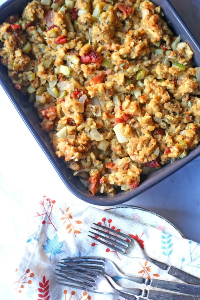 A make-ahead Christmas dinner side dish, homemade stuffing recipe with apple and bacon.
