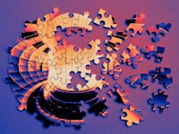 Partially completed circular jigsaw puzzle on a blue and purple gradient background.