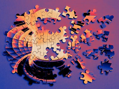 Partially completed circular jigsaw puzzle on a blue and purple gradient background.