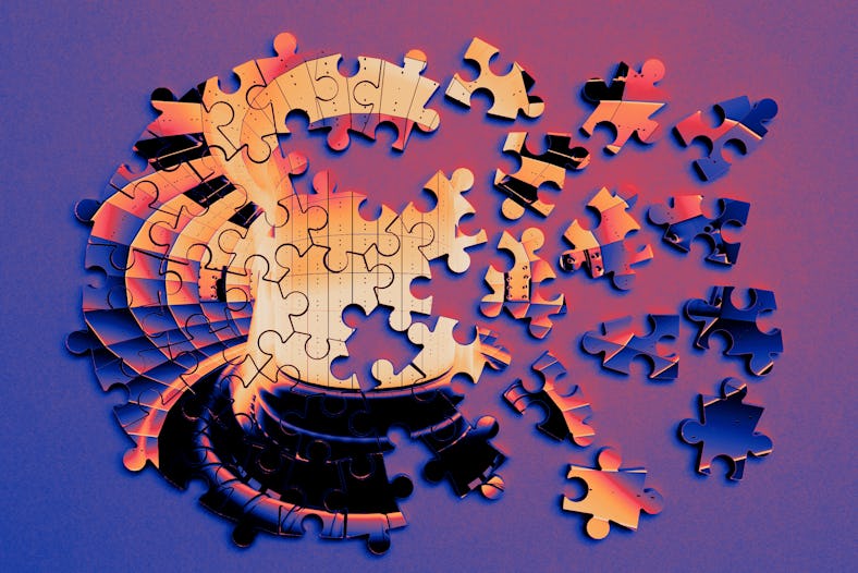 Partially completed circular jigsaw puzzle on a blue and purple gradient background.