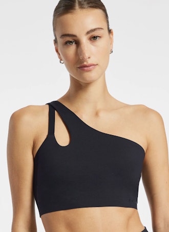 black bra with cutout and one shoulder