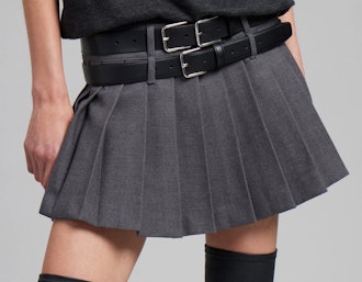 dark grey pleated mini skirt with double belt buckle