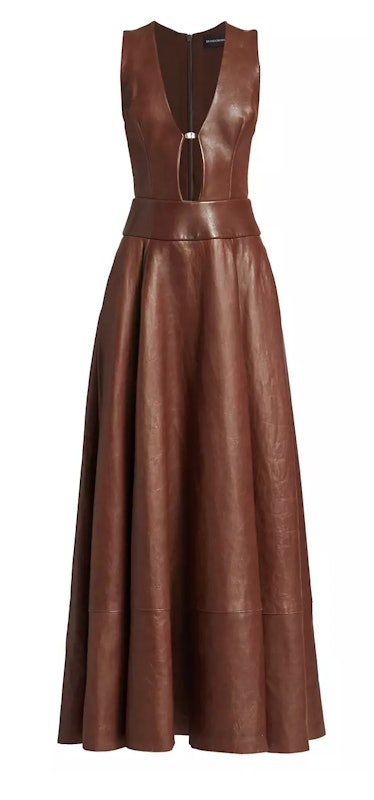brown leather maxi dress with cutouts