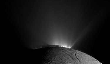 The domed and jagged texture of a part of Enceladus. Bright regions almost look like spotlights comi...