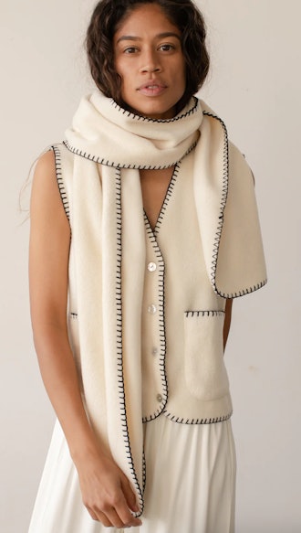 white fleece scarf with black stitch