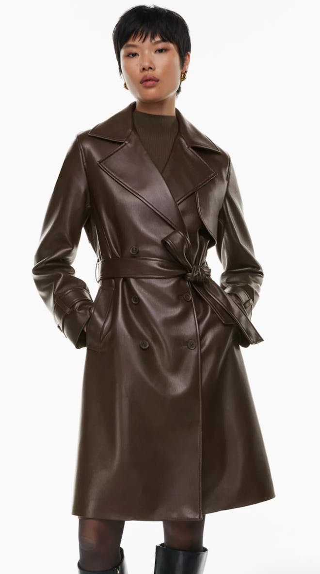 brown vegan leather trench coat