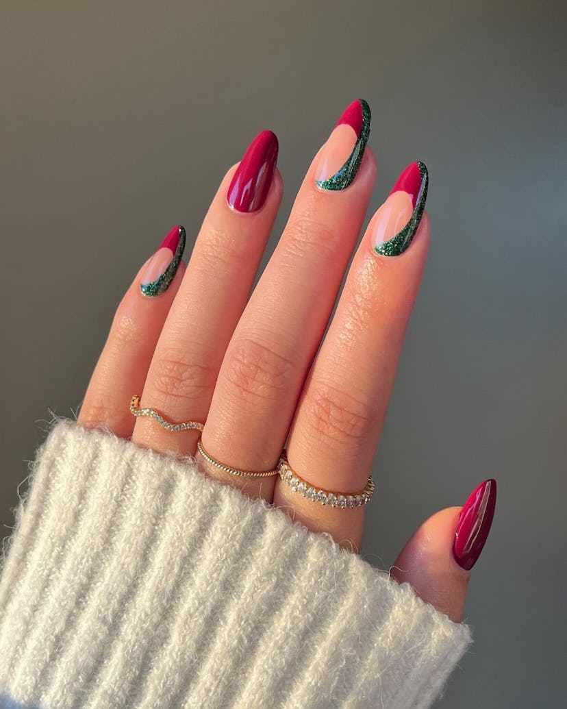 Cherry mocha and glittering emerald nail art designs an on-trend Capricorn nail design for 2024.