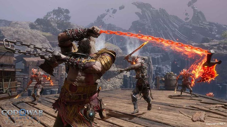 Kratos swinging blades of chaos at enemy, God of War Ragnarok Valhalla